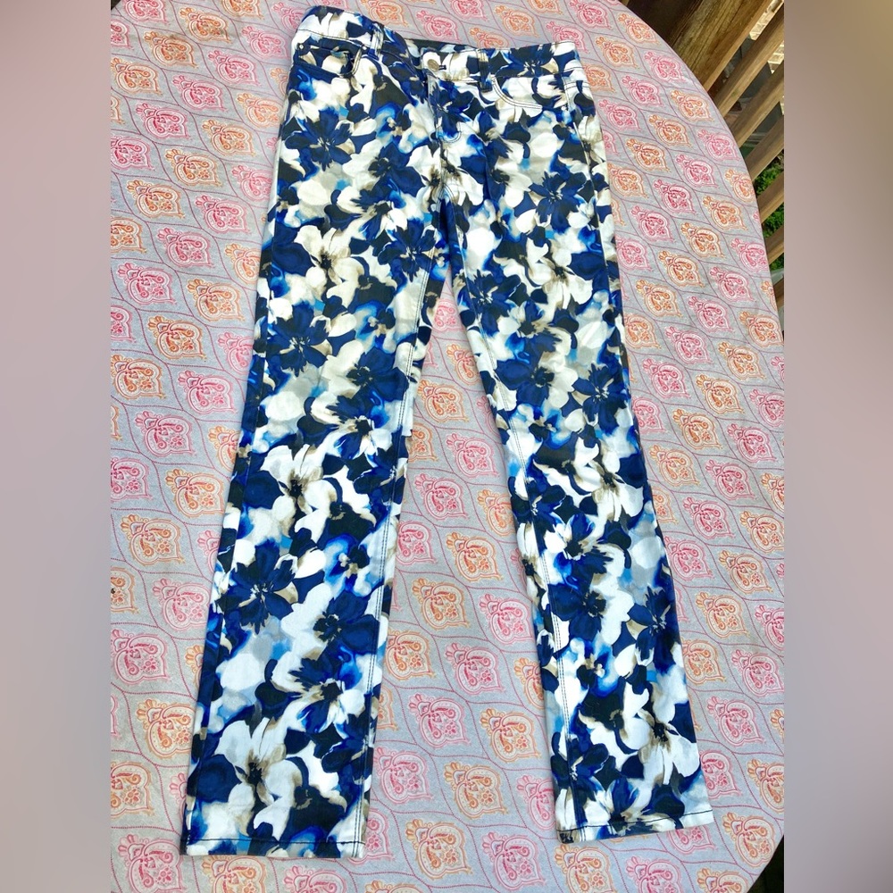 White & Blue Floral Slim Ankle Rhinestone Denim Jeans - Picture 5 of 13